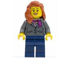 Dark Bluish Gray Jacket with Magenta Scarf, Dark Blue Legs, Dark Orange Female Hair over Shoulder