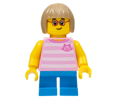 Girl, Bright Pink Striped Top with Cat Head, Dark Azure Short Legs