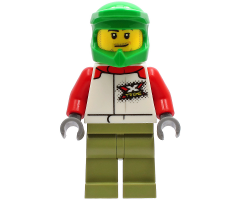 Wheelchair Athlete - Male, White Jacket with 'XTREME' Logo, Olive Green Legs, Bright Green Dirt Bike Helmet