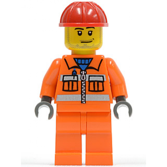 Construction Worker - Orange Zipper, Safety Stripes, Orange Arms, Orange Legs, Red Construction Helmet, Smirk and Stubble Beard