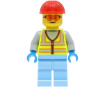Space Engineer - Male, Neon Yellow Safety Vest, Bright Light Blue Legs, Red Construction Helmet, Orange Safety Glasses