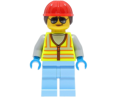 Space Engineer - Female, Neon Yellow Safety Vest, Bright Light Blue Legs, Red Construction Helmet with Dark Brown Hair