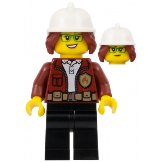 Fire Chief, Female - Freya McCloud, Dark Red Jacket, Black Legs, White Fire Helmet, Open Smile / Closed Mouth Pattern
