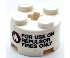 Brick, Round 2 x 2 with Axle Hole with 'FOR USE ON REPULSOR FIRES ONLY' and Flames in Black and Dark Red Circle Pattern (Sticker) - Set 76105