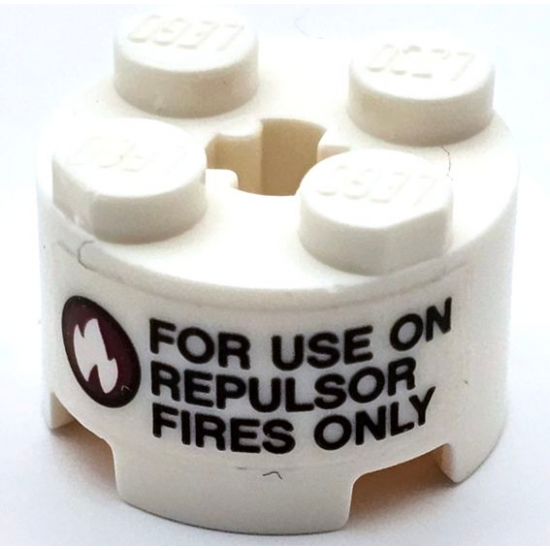 Brick, Round 2 x 2 with Axle Hole with 'FOR USE ON REPULSOR FIRES ONLY' and Flames in Black and Dark Red Circle Pattern (Sticker) - Set 76105