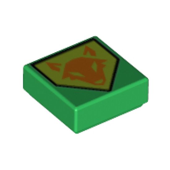 Tile 1 x 1 with Orange Fox Head on Lime Pentagonal Shield Pattern