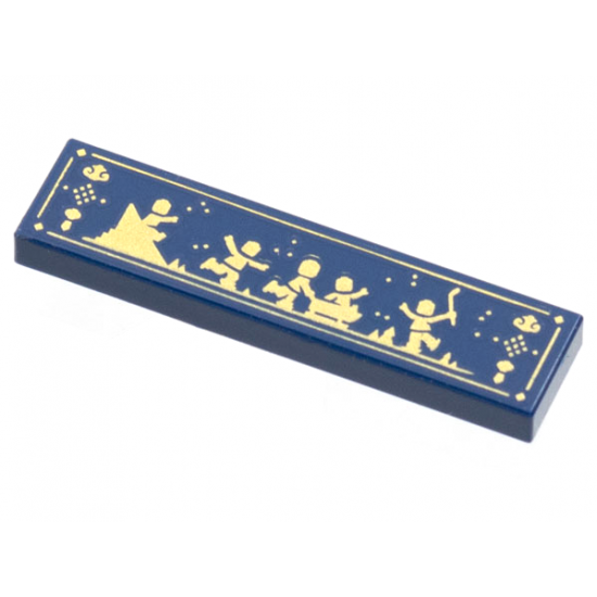 Tile 1 x 4 with with Gold People Playing on Ice, Sliding, Sledding, Hockey Pattern