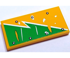 Tile 2 x 4 with Bright Green and White Worn Lightning Bolt and Silver Rivets Pattern Model Right Side (Sticker) - Set 70429