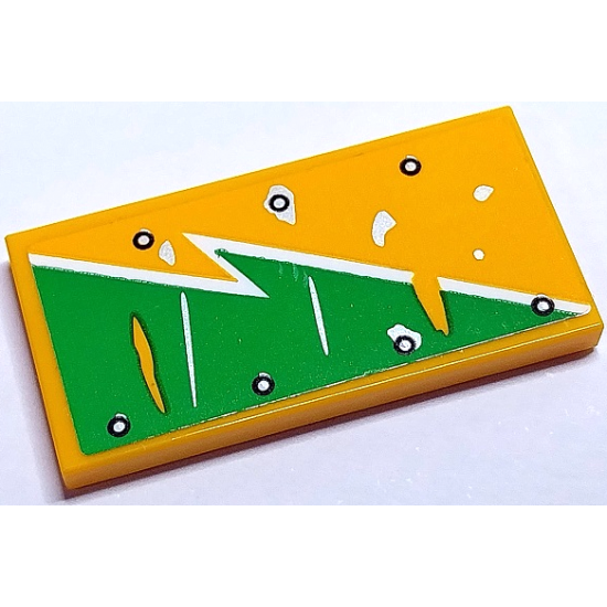 Tile 2 x 4 with Bright Green and White Worn Lightning Bolt and Silver Rivets Pattern Model Right Side (Sticker) - Set 70429