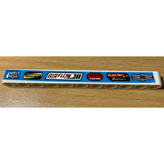 Technic, Liftarm 1 x 11 Thick with Car Ads on Medium Blue Background Pattern (Sticker) - Set 42077
