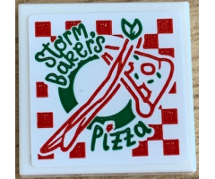 Tile 2 x 2 with Green and Red 'Storm Baker's Pizza' Box Pattern (Sticker) - Set 76200