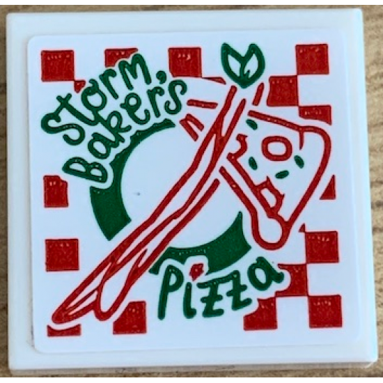Tile 2 x 2 with Green and Red 'Storm Baker's Pizza' Box Pattern (Sticker) - Set 76200