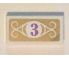 Tile 1 x 2 with Medium Lavender Number 3 in White Circle with Swirls on Gold Background Pattern (Sticker) - Set 41101