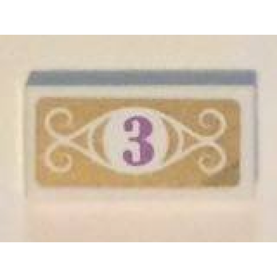 Tile 1 x 2 with Medium Lavender Number 3 in White Circle with Swirls on Gold Background Pattern (Sticker) - Set 41101