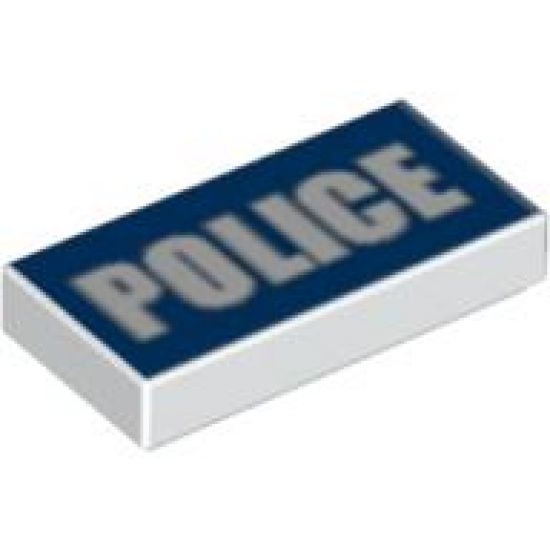 Tile 1 x 2 with White 'POLICE' on Blue Background Pattern (Printed)