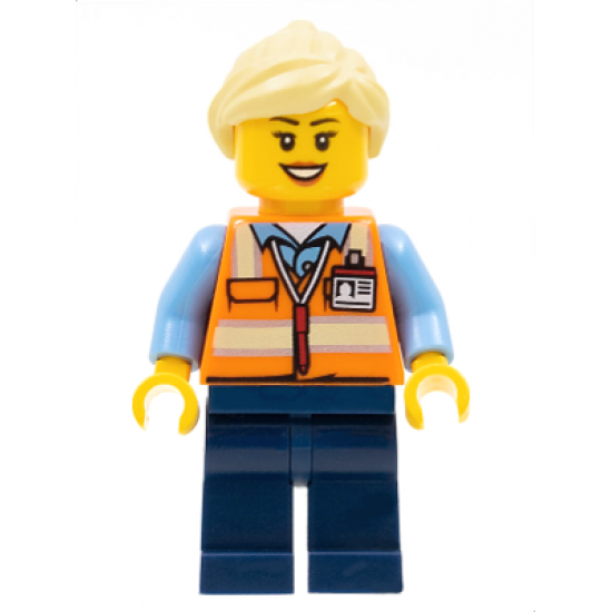 Train Worker - Female, Orange Safety Vest with Badge, Dark Blue Legs, Bright Light Yellow Ponytail and Swept Sideways Fringe