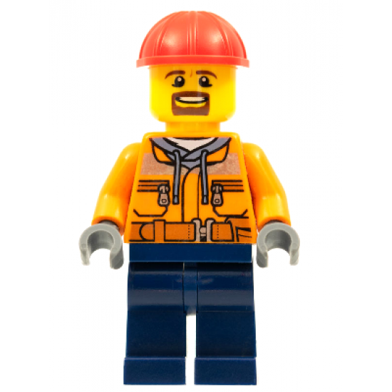 Forklift Driver - Male, Orange Safety Jacket, Reflective Stripe, Sand Blue Hoodie, Dark Blue Legs, Red Construction Helmet, Goatee