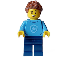 Police - City Officer in Training Male, Medium Blue Shirt with Badge, Dark Blue Legs, Reddish Brown Hair, Open Mouth Smile