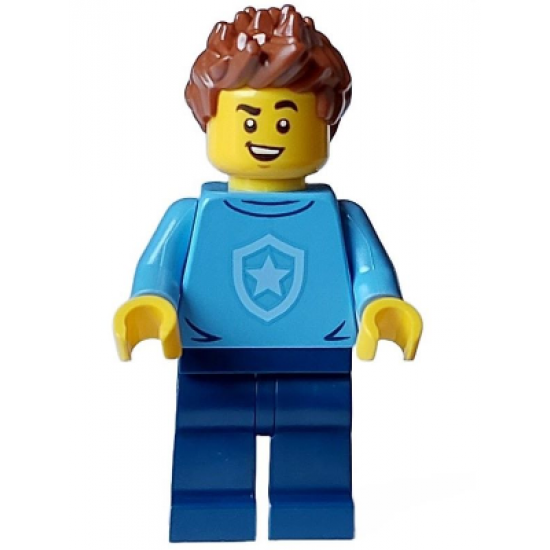 Police - City Officer in Training Male, Medium Blue Shirt with Badge, Dark Blue Legs, Reddish Brown Hair, Open Mouth Smile