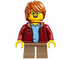 Child Boy, Dark Red Jacket with Bright Light Blue Shirt, Dark Tan Short Legs, Dark Orange Tousled Hair, Glasses