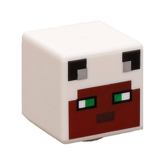 Minifigure, Head, Modified Cube with Pixelated Reddish Brown Face, Green Eyes, and Black Ears Pattern (Minecraft Panda Skin)