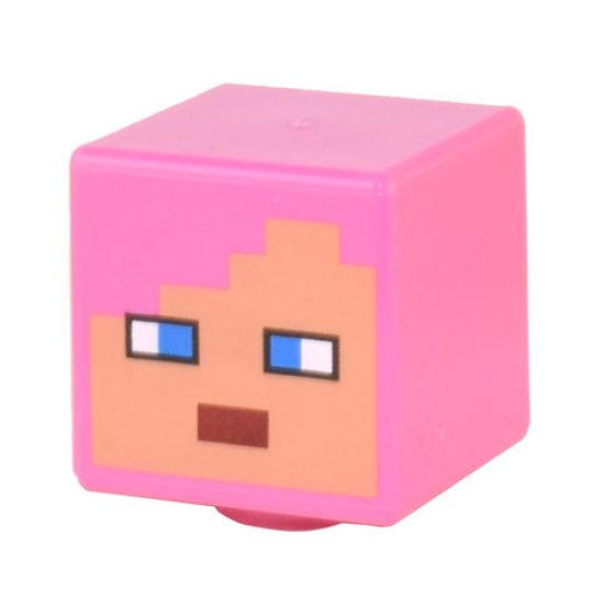 Minifigure, Head, Modified Cube with Pixelated Nougat Face, Dark Azure Eyes, Dark Red Mouth Pattern (Minecraft Zombie Hunter)