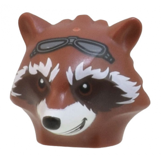 Minifigure, Head, Modified Raccoon with White Fur, Dark Brown Face, and Dark Bluish Gray Goggles Pattern