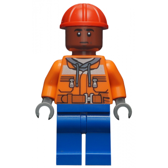 Dock Worker - Male, Orange Safety Jacket, Reflective Stripe, Sand Blue Hoodie, Blue Legs, Red Construction Helmet, Reddish Brown Head