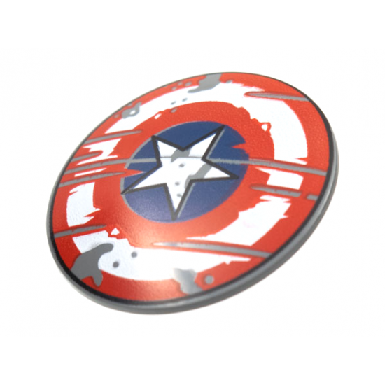 Minifigure, Shield Circular Convex Face with Red and White Rings and Captain America Star, Scratched Weathered Pattern