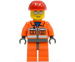 Construction Worker - Orange Zipper, Safety Stripes, Orange Arms, Orange Legs, Dark Bluish Gray Hips, Red Construction Helmet, Silver Sunglasses
