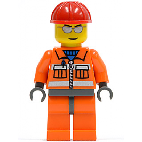 Construction Worker - Orange Zipper, Safety Stripes, Orange Arms, Orange Legs, Dark Bluish Gray Hips, Red Construction Helmet, Silver Sunglasses