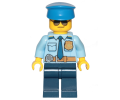 Police - City Officer Shirt with Dark Blue Tie and Gold Badge, Dark Tan Belt with Radio, Dark Blue Legs, Police Hat, Sunglasses