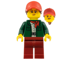 Safari Tourist Woman, Red Ball Cap and Scarf, Dark Green Jacket, Dark Red Legs
