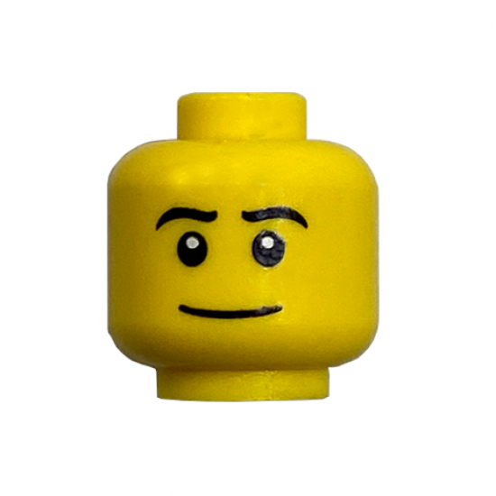Minifigure, Head Male Thin Grin, Black Eyes with White Pupils, Black Eyebrows Pattern - Hollow Stud