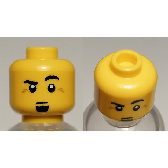 Minifigure, Head Male Black Eyebrows, Raised Left Eyebrow, Black Goatee, White Pupils Pattern - Hollow Stud