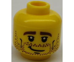Minifigure, Head Male Brown Stubble, Brown Eyebrows, Crooked Smile and Cheek Lines Pattern - Hollow Stud