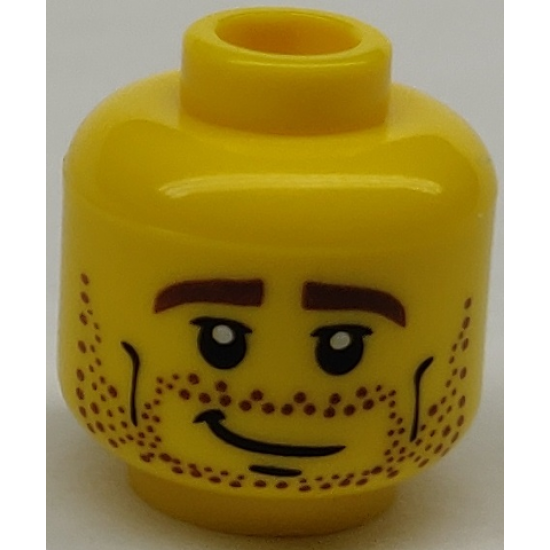 Minifigure, Head Male Brown Stubble, Brown Eyebrows, Crooked Smile and Cheek Lines Pattern - Hollow Stud