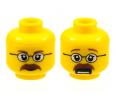 Minifigure, Head Dual Sided Glasses, Brown Eyebrows and Moustache Closed Mouth / Open Mouth Scared Pattern - Hollow Stud