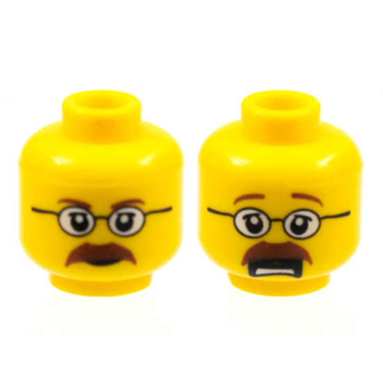 Minifigure, Head Dual Sided Glasses, Brown Eyebrows and Moustache Closed Mouth / Open Mouth Scared Pattern - Hollow Stud