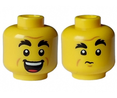 Minifigure, Head Dual Sided Black Bushy Eyebrows, Forehead and Cheek Lines, Open Mouth Grin with Teeth / Closed Mouth, Chin Dimple Pattern - Hollow Stud