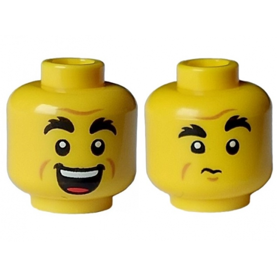 Minifigure, Head Dual Sided Black Bushy Eyebrows, Forehead and Cheek Lines, Open Mouth Grin with Teeth / Closed Mouth, Chin Dimple Pattern - Hollow Stud