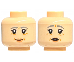 Minifigure, Head Dual Sided Female, Dark Bluish Gray Eyebrows, Peach Lips and Wrinkles, Smile / Concerned Pattern - Hollow Stud