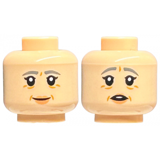 Minifigure, Head Dual Sided Female, Dark Bluish Gray Eyebrows, Peach Lips and Wrinkles, Smile / Concerned Pattern - Hollow Stud