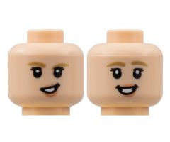 Minifigure, Head Dual Sided Female, Dark Tan Eyebrow, Medium Nougat Lips, Lopsided Grin / Smile with Teeth Pattern - Hollow Stud