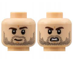 Minifigure, Head Dual Sided, Dark Brown Eyebrows, Black Stubble, Slight Grin / Scowl with Gritted Teeth Pattern - Hollow Stud