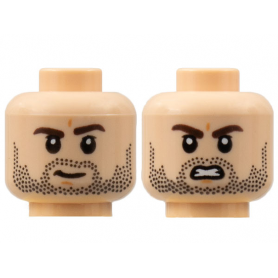Minifigure, Head Dual Sided, Dark Brown Eyebrows, Black Stubble, Slight Grin / Scowl with Gritted Teeth Pattern - Hollow Stud