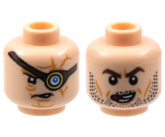 Minifigure, Head Dual Sided HP Mad-Eye Moody with Magic Eye, Reddish Brown Eyepatch, Dark Orange Scars, Open Mouth / Barty Crouch Jr, Dark Brown Eyebrows, Black Stubble, Red Tongue Licking Lips Pattern - Hollow Stud