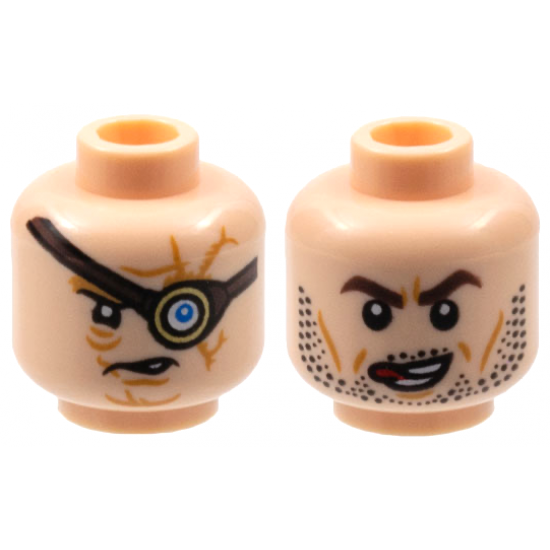 Minifigure, Head Dual Sided HP Mad-Eye Moody with Magic Eye, Reddish Brown Eyepatch, Dark Orange Scars, Open Mouth / Barty Crouch Jr, Dark Brown Eyebrows, Black Stubble, Red Tongue Licking Lips Pattern - Hollow Stud