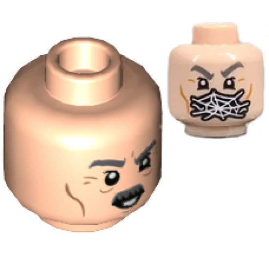 Minifigure, Head Dual Sided Dark Bluish Gray Moustache, Thick Eyebrows, Wrinkles and Cheek Lines / Spider Web over Mouth Pattern - Hollow Stud