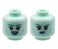 Minifigure, Head Dual Sided Alien Female Dark Turquoise Eyebrows, Silver Freckles, Dark Azure Lips, Cheek Lines, Smile / Scowl Pattern - Hollow Stud